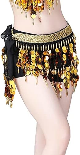 Women Belly Dance Tassel Hip Scarf Sequin Wrap Skirt Accessories with Tone Coins Waist Chain Wrap Latin Belt Belly Dance Costume