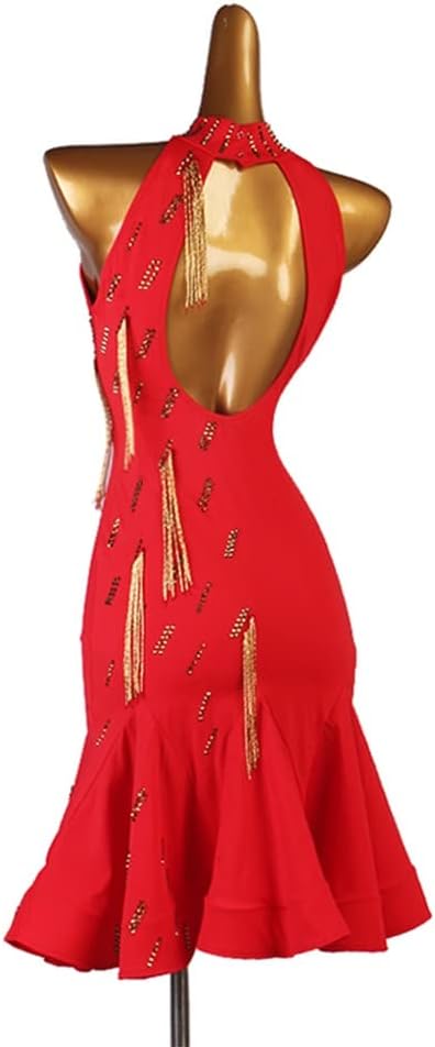 Figure Skating Dress Latin Dresses Women Dance Competition Costumes Ballroom Salsa Samba Rumba Tango (Color : Red, Size : M)