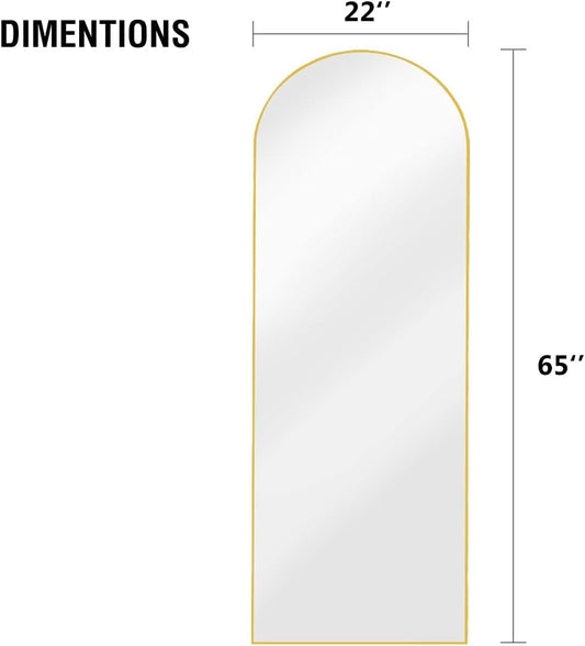 Floor Mirror, Arched Full Length Mirror Standing Hanging or Leaning Against Wall, Body Mirror for Bedroom, Wall-Mounted Mirror with Aluminum Alloy Frame 65"x22" (Gold)