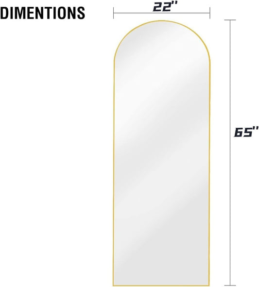 Full Length Mirror, 65"x22" Floor Mirror with Stand Hanging or Leaning, Arched Freestanding Mirror, Large Wall Mounted Mirror with Thin Wood Frame, Dressing Body Mirror for Bedroom (Gold)