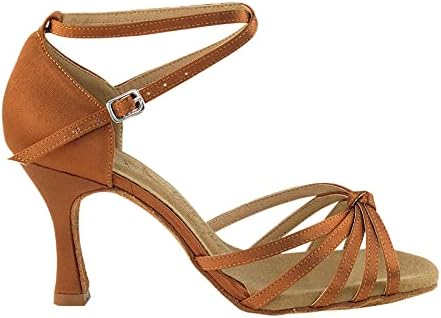 Ladies' Salsa, Latin, Rhythm Ballroom Dance Shoes SERA6005 Dark Tan Satin & Heel Protectors