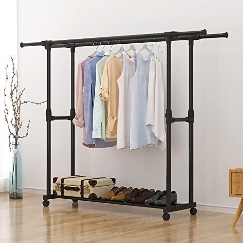 Clothing Garment Rack, Standing Coat Hanger Rack, Clothes Organizer with Wheels and Bottom Shelves, Portable Metal Rolling Wardrobe Rack Closet Rods, Extendable 90-150cm