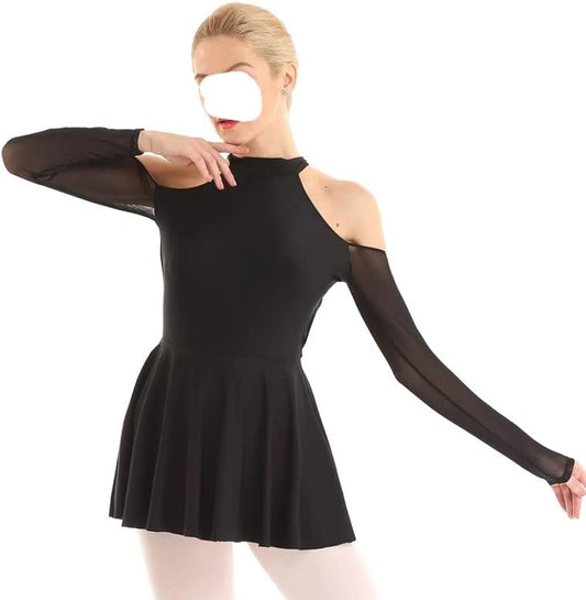 N/A Women Cutout Off Shoulder Long Sleeves Mesh Splice Ballet Lyrical Dance Costumes Gymnastics Leotard Figure Skating Dress (Color : Black, Size : M)