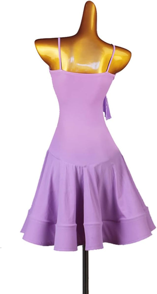 Women Latin Dance Dresses Ballroom Salsa Samba Cha Cha Practice Skirt Sling V-Neck Backless Latin Competition Dress Latin Training Dress Waltz Foxtrot Dancing Dress (S,Purple)