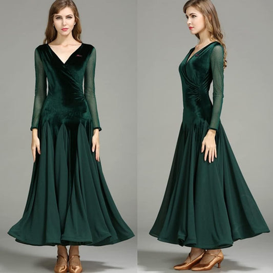 Women's Ballroom Dancing Dresses Velvet V-Neck Professional Waltz Competition Costumes Mesh Tango Modern Dance Dress