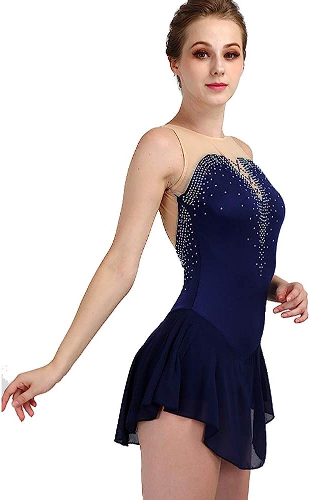 Dark Blue Ice Skating Dress - Long-Sleeved Dress for Women Beaded Rhinestone Print Dress for Competition