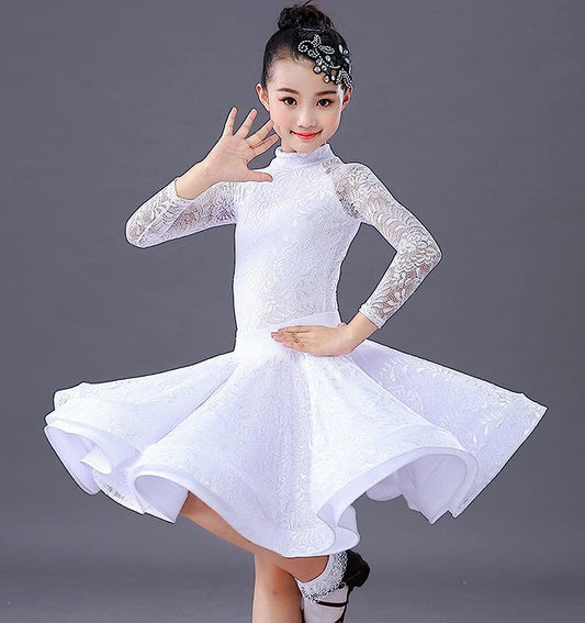 Girl Latin Dance Dress Long Sleeve Lace Ballroom Competition Dancewear Costumes Top+Skirt