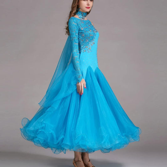 Lace Ballroom Dancing Dresses Modern Competition Costume Long Sleeves Latin Performance Dress