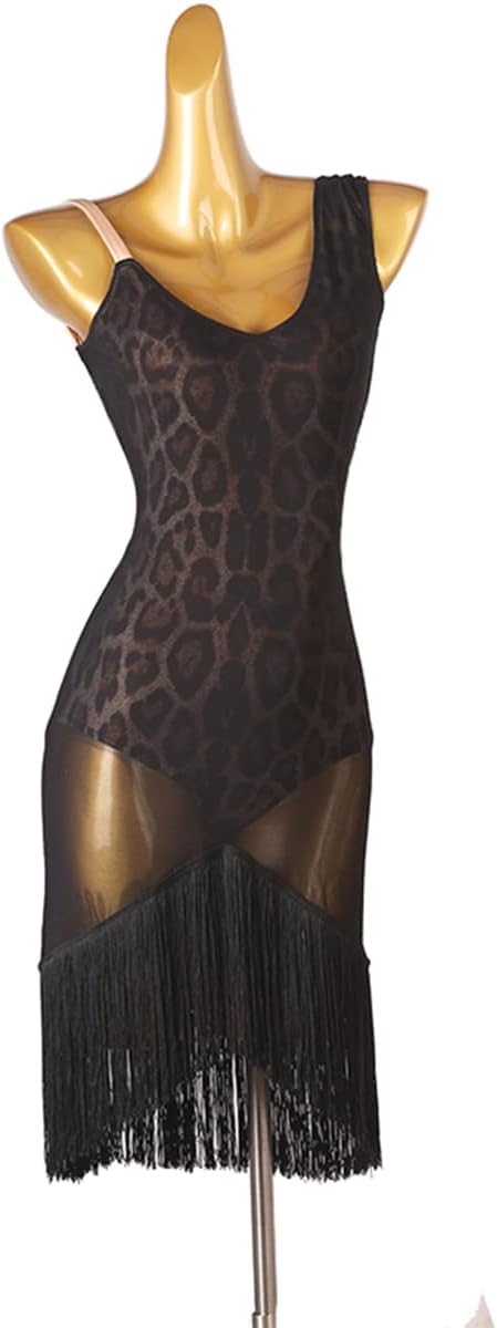 Women Wide Sling Latin Dance Dresses Ballroom Backless Salsa Samba Practice Skirt Fringed Hem Latin Competition Dress Latin Training Dress Waltz Foxtrot Dancing Dress (XXL,Black)