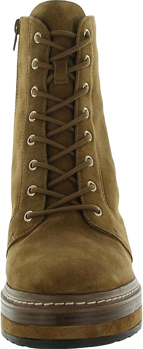 Brown Suede Lace Up Lug Sole Block Stacked Heel Boot