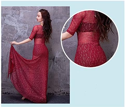 Adult Belly Dance Outfit One Piece Lace Long Dress Women Oriental Dance Performance Show Costume Side Split Long Sleeve Shine (Color : Blue, Size : L Code)