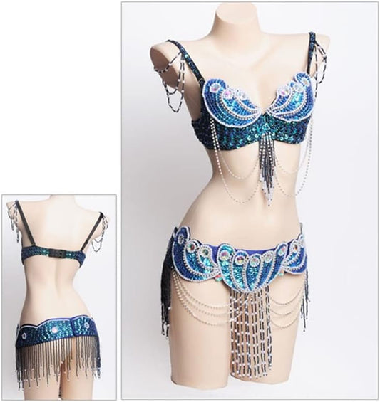 Sexy Belly Dance Bra Belt Beaded Belly Dance Costumes Women Belly Dancer Outfits Carnival Outfits Dance (Color : Blue, Size : M Code)