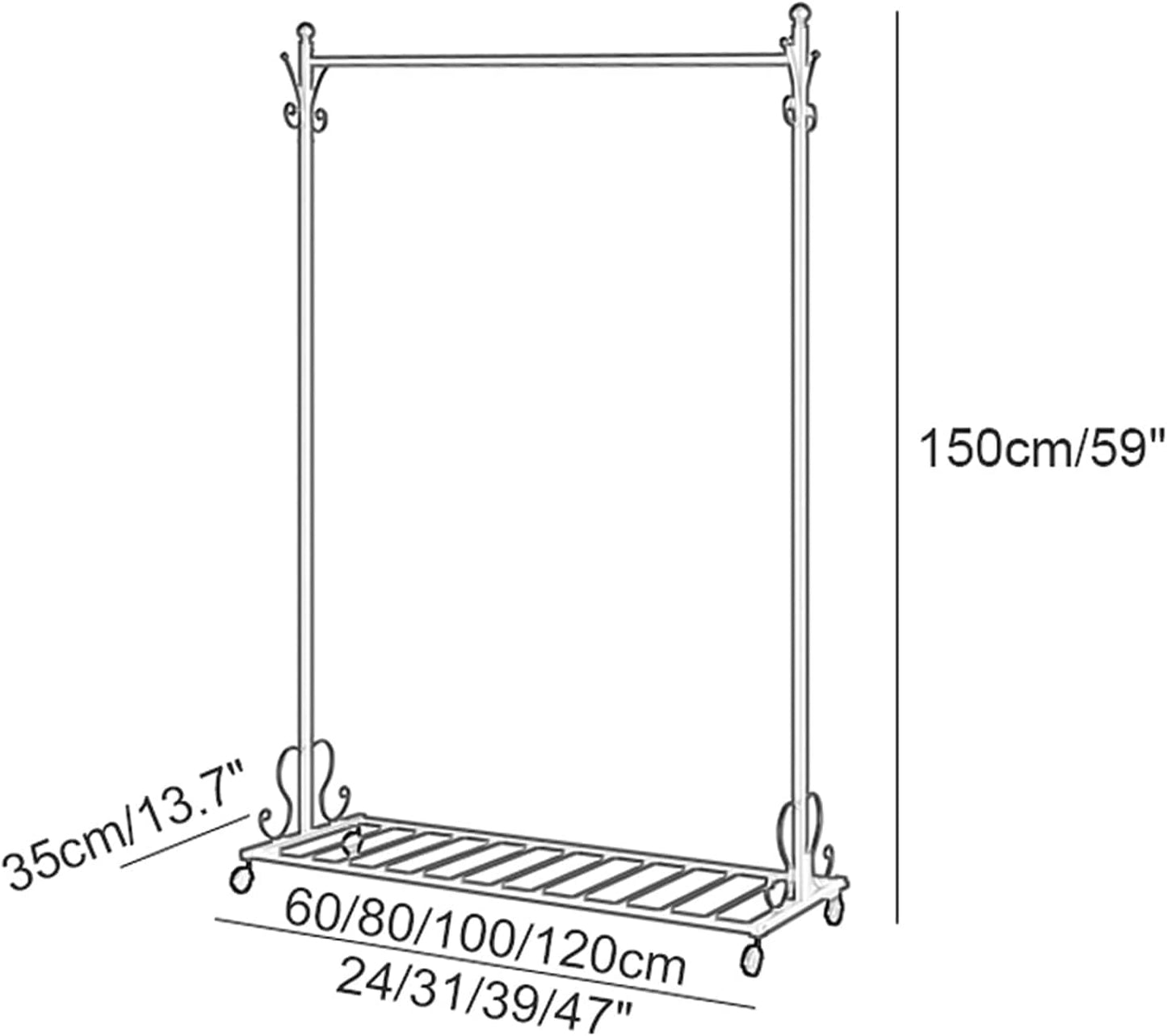 Garment Rack on Wheels Freestanding Metal Clothes Rail Multifunctional Rolling Clothes Rack w/Shoe Rack Easy to Assemble Clothes Rod Stand for Bedroom Living Room