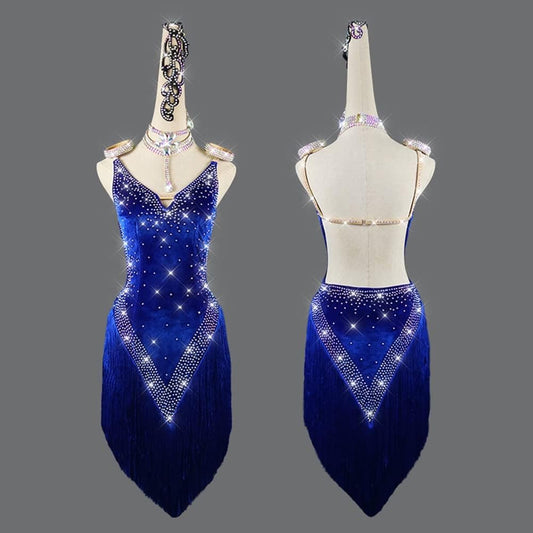 Figure Skating Dress Fringe Latin Dance Dress, Competition Latin Dress,Latin Stage Competition Costumes (Color : Blue, Size : X-Large)