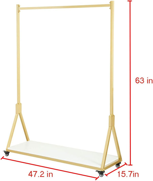 Clothing Store Modern Simple Metal Rolling Garment Rack with Wheels,Retail Display Rack with Wood, Single Rod Floor-Standing Hangers Clothes Shelves (Gold Square Tube B, 47.2 L)