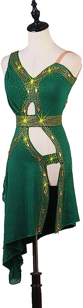 Women Rhinestone Competition Practice Backless Latin Dance Dress Salsa Tango Chacha Ballroom Competition Dress Green