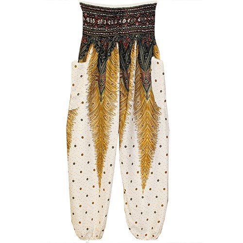 HAREM PANTS WHITE AND GOLD FEATHER WITH POCKETS 1SIZE FITS ALL 40"L