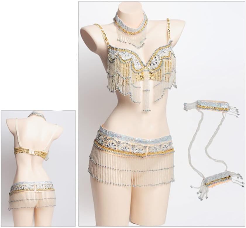 Women's Dance Tops Chain Beaded Belly Dancing Bra Belt Tribal Belly Dance Costume Set Clothes (Color : Gold, Size : S Code)