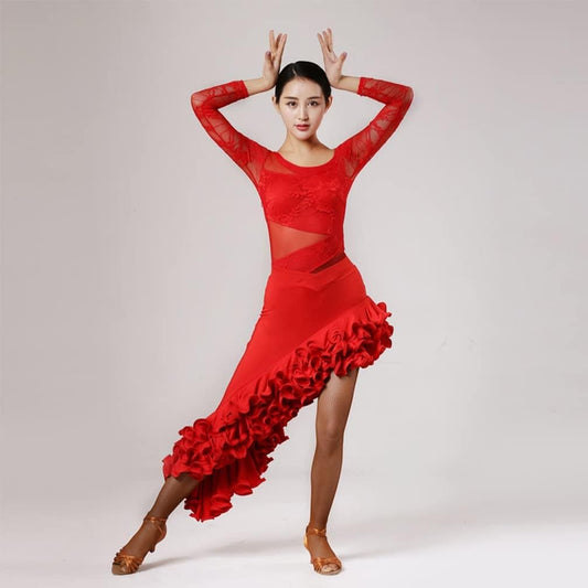 Women Long Sleeve Lyrical Dance Costume Latin Rumba Grading Dance Dress Jazz Two Piece Long Swing Skirt (Color : Red, Size : X-Large)