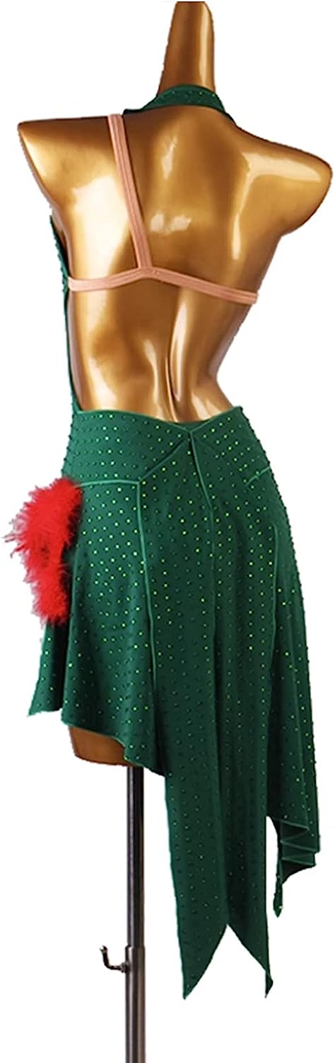 Women's Latin Dance Dress, Sexy V Neck Backless Standard Competition Costumes Performance Costumes Feathers Style Dance Skirt Diamond Rumba Dress,2XL,Green