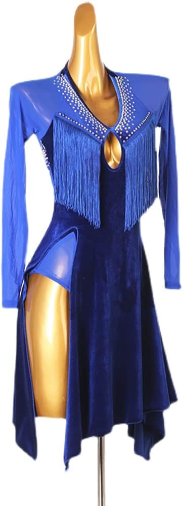 Women Blue Deep V Neck Tassel Long Sleeves Ballroom Dancing Outfits Tassel Salsa Cha Cha Performance Costumes