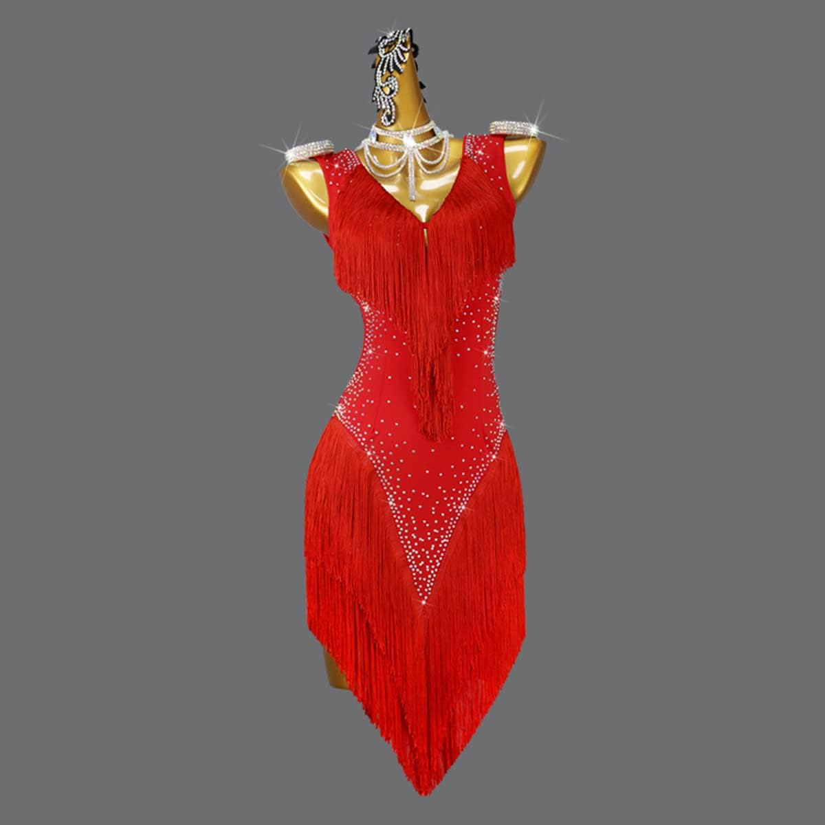Women's Red Latin Dance Costume Wide Sling V-Neck Backless Ballroom Fringe Latin Training Dress