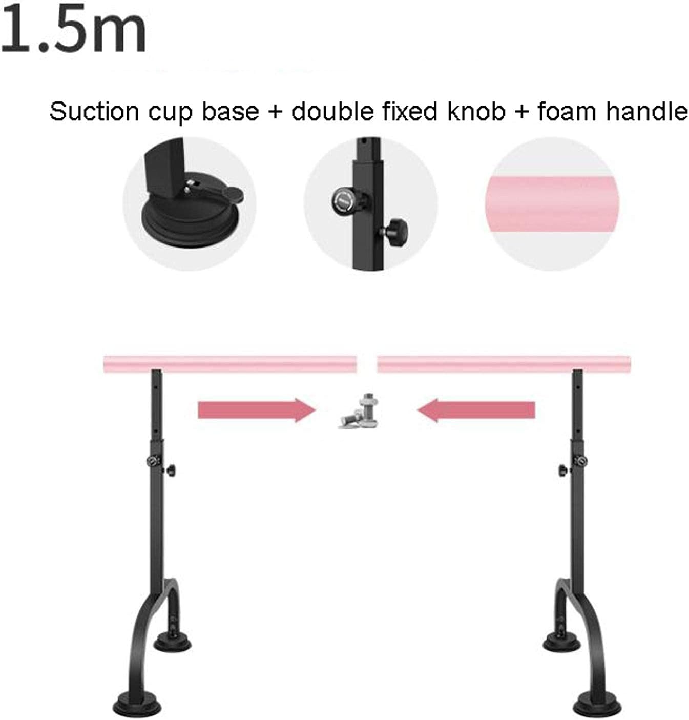 Mobile Ballet Barre Portable Ballet Bar Adjustable Dancing Stretching Ballet 70cm-110cm for Home Dance Barre Fitness with Suction Cup (Size : 1.5M) (Pink 1.5m)