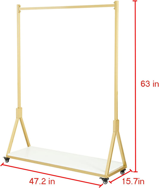 Clothes Store Modern Rolling Clothing Display Stands with Wheels,Storage Shoe Bag Pipe Shelf,Organization Garment Rack,Home Dress Hanging Shelves（Gold with Wood Board, 47.2" L）