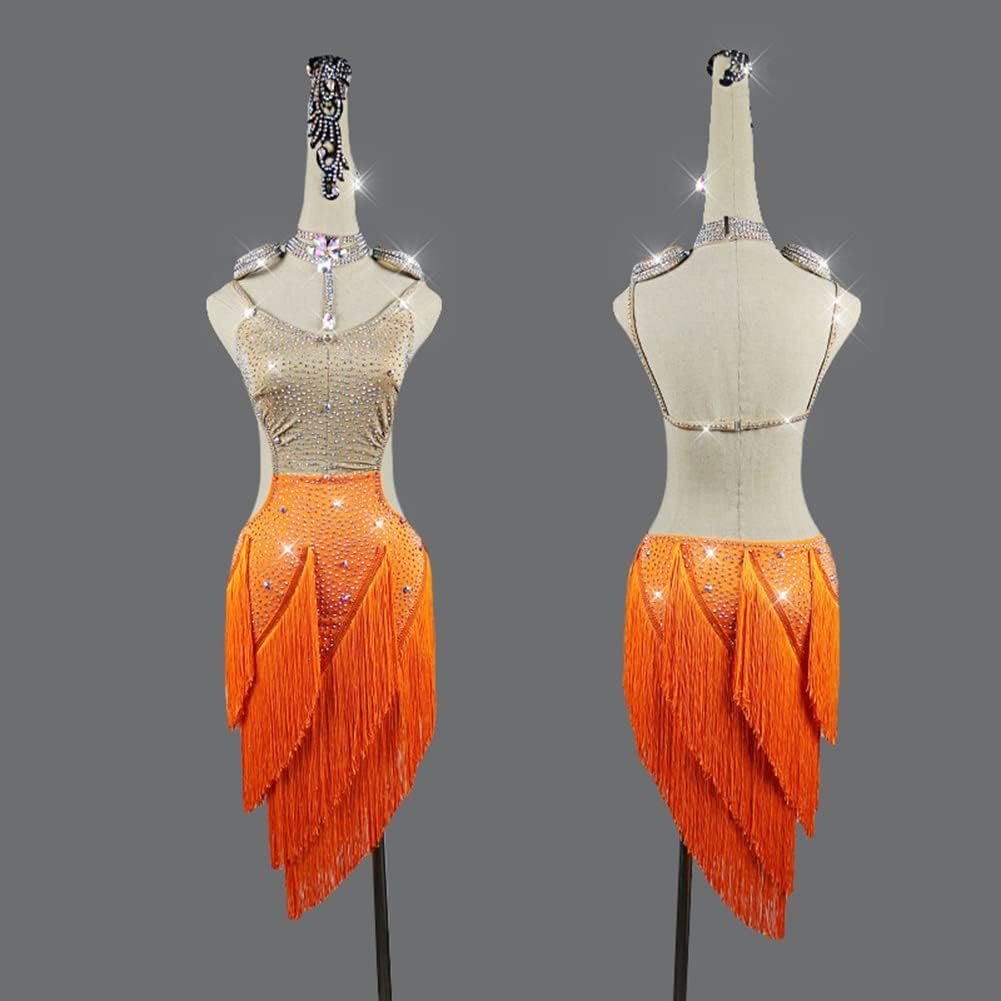 Figure Skating Dress Latin Dance Fringes Necklace Dress，Women's Ballroom Latin Tango Salsa Dance Skirt (Color : Orange, Size : Medium)