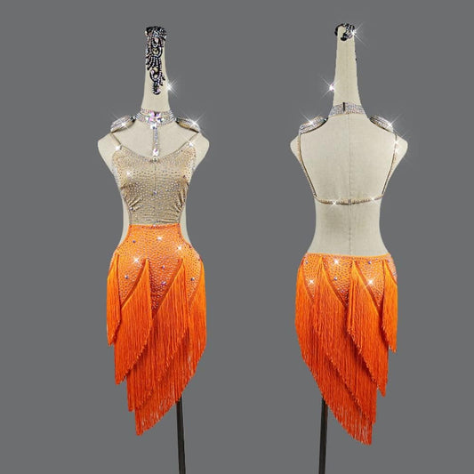 Figure Skating Dress Latin Dance Fringes Necklace Dress，Women's Ballroom Latin Tango Salsa Dance Skirt (Color : Orange, Size : Medium)