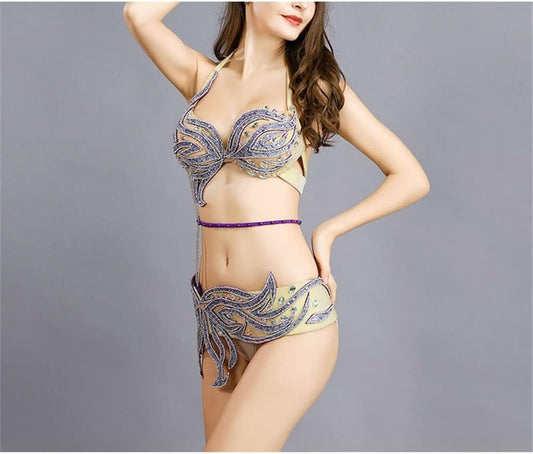 Dance Bra Belt Belly Dance Costume for Women Sexy Outfit Stage Wear Belly Dancing Bra and Belt (Color : Purple, Size : M Code)