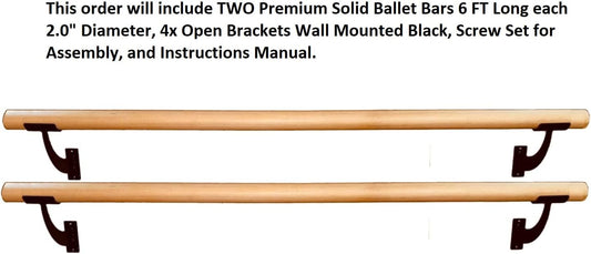 Double Ballet Barre Two Solid 6 FT Long Bars 2.0” Diameter Set, for Kids and Adults Ballet Training Bar Home or Studio, Strong American Oakwood Barre Stretching Bar + Open Brackets Wall Mounted Black