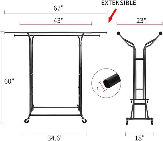 Heavy Duty Double Rod Clothing Garment Rack for Hanging Clothes, Commercial Metal Rolling Clothes Organizer on Lockable Wheels for Men Coats, Dresses, Dorm Bedroom Home Balcony (Black)