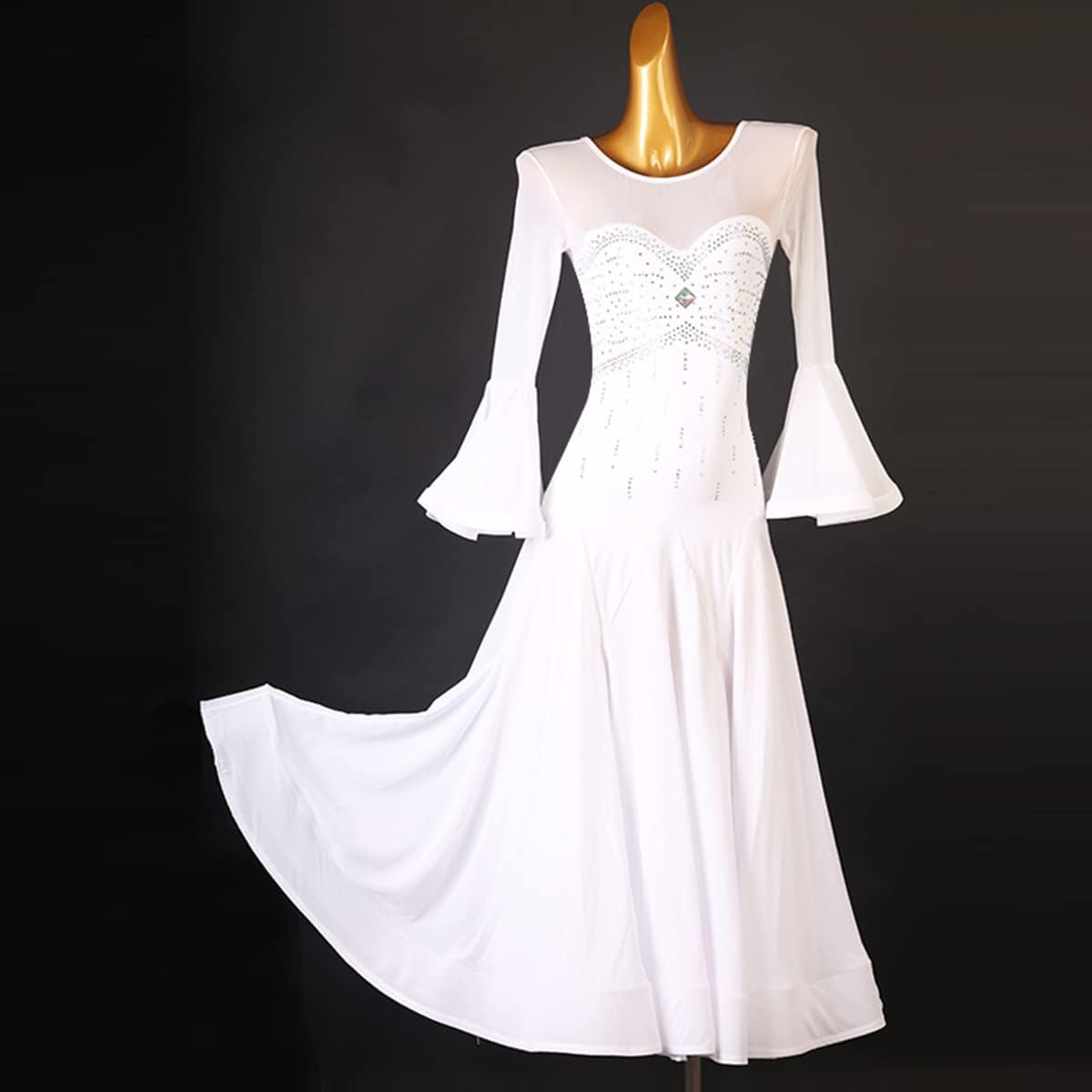 Women's Modern White Waltz Dress National Standard Dance Dress Ballroom Dresses Trumpet Sleeve Competition Costumes