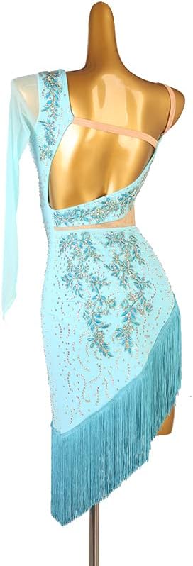 Fringe Latin Dance Dresses Women's Salsa Cha Cha Performance Costume Backless Flamenco Training Dancing Dress,Blue,M