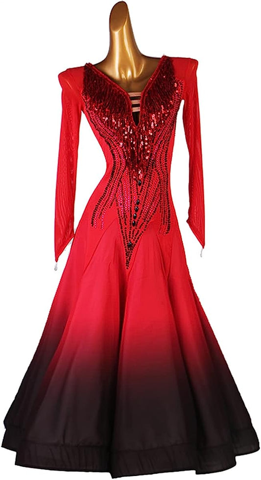 National Standard Dance Dress Competition Costumes Women's V Neck Ballroom Dresses Modern Long Sleeve Waltz Dress