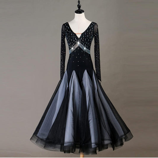 National Standard Dance Dress Prom Dresses Summer V Neck Long Sleeves Modern Waltz Dress Competition Costumes