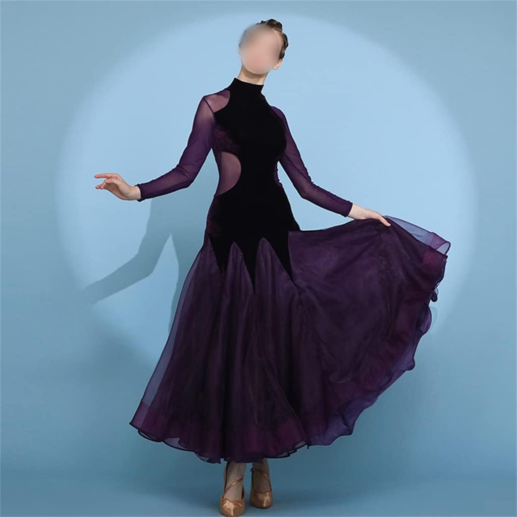 Ballroom Dance Dress for Women Velvet Modern Dance Costumes Long Sleeve High Neck Waltz Dancing Clothes (Color : A, Size : S Code)