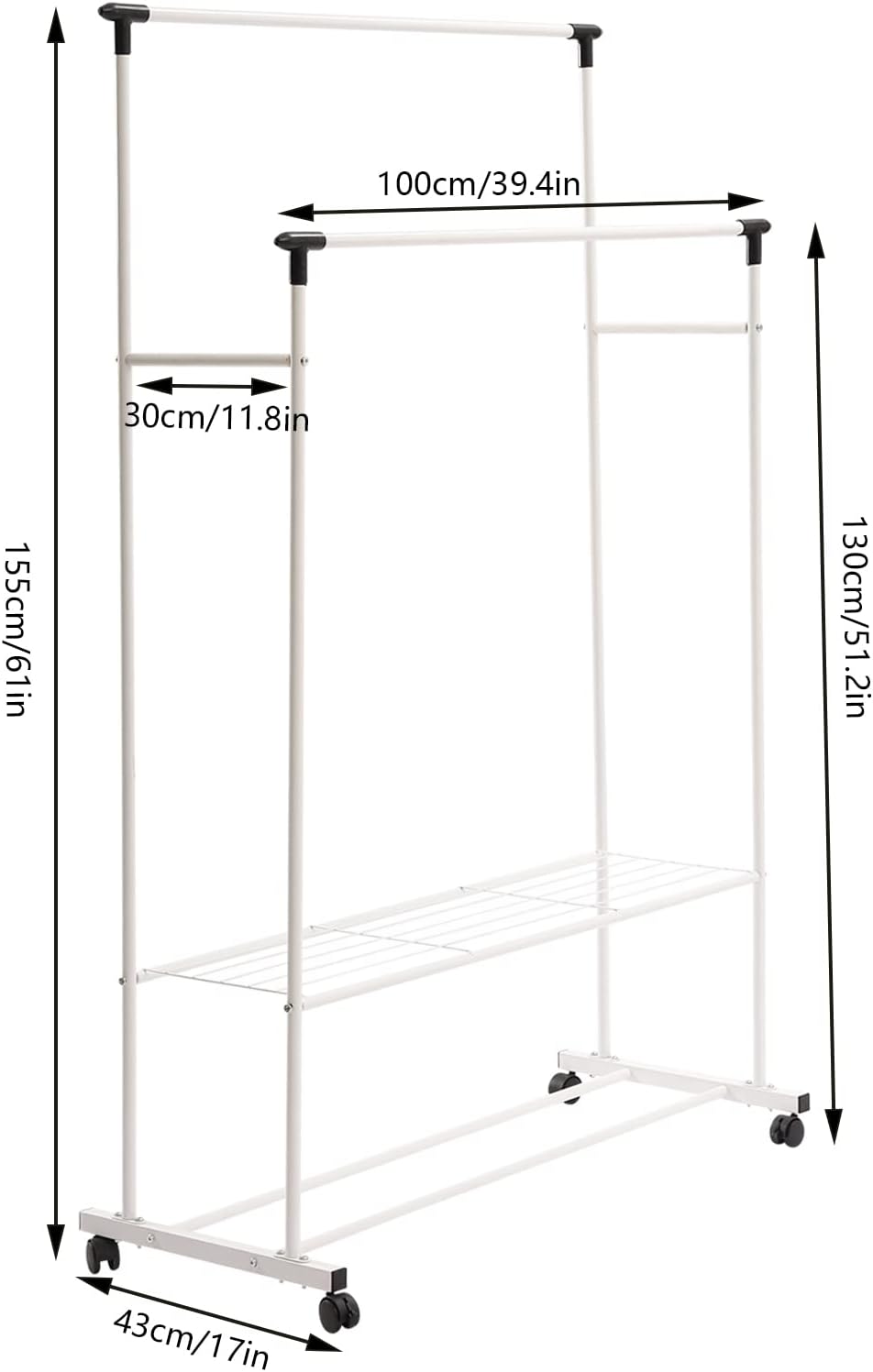 Hanging Clothes Hanger, Coat Rack With Shelves Double Rods, Freestanding Metal Coat Rack 2 Tier Shelves For Bedroom Laundry Room Living Room (61 Inch)