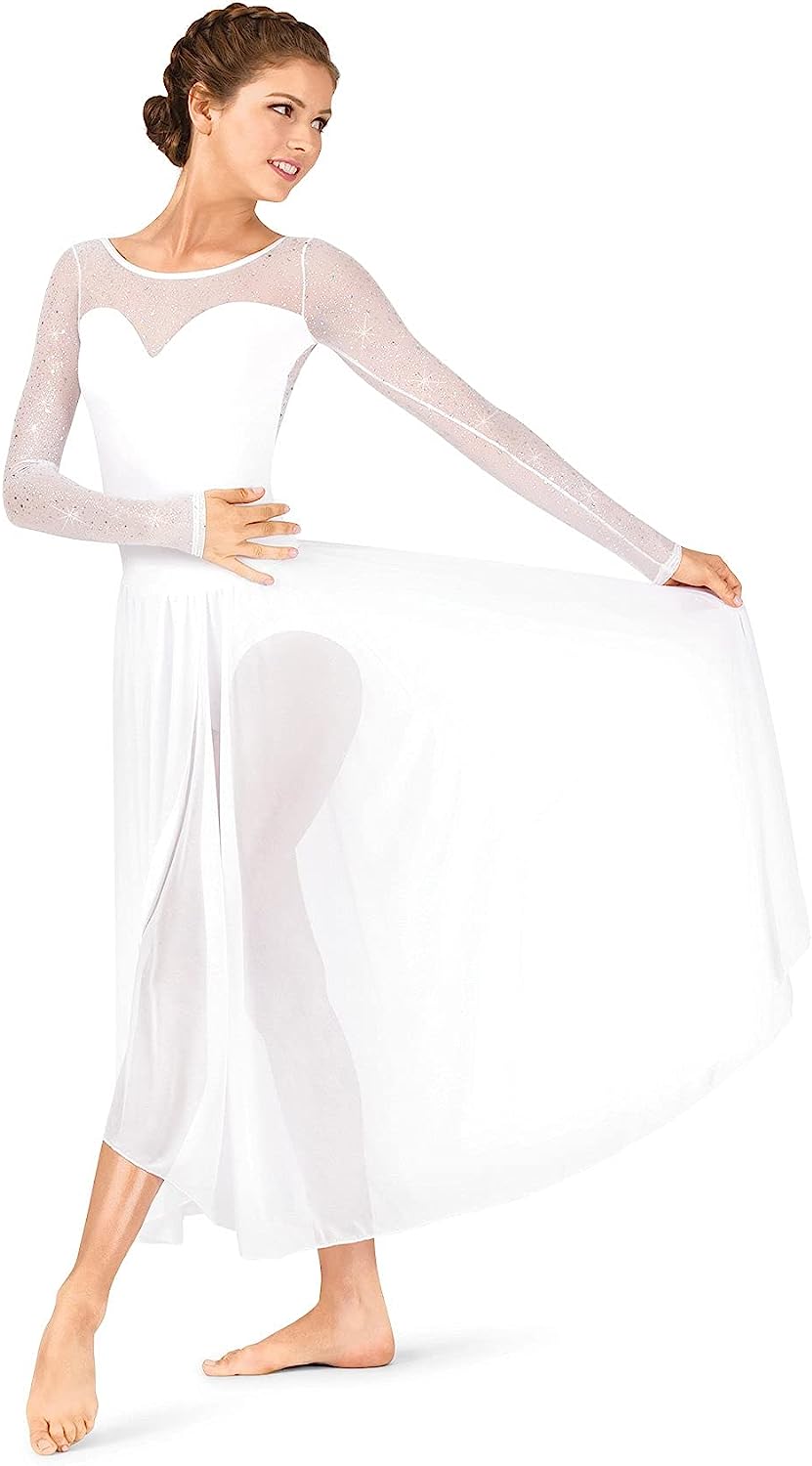 Womens Performance Twinkle Mesh Long Sleeve Dress,TW617NUDM,Nude,Medium