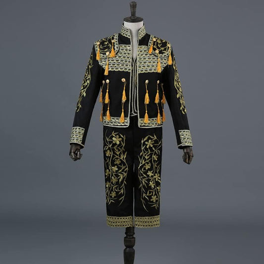 Mens Embroidery Tassel Sequin Black 3 Piece Stage Suit(Jacket+Pants+Vest) Men Bullfight Dance Singer Suit Blazer