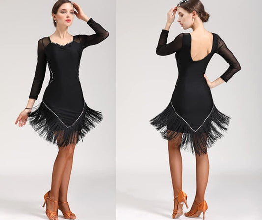 Women's Latin Dance Dresses Fringe Tango Performance Costumes Salsa Dance Outfit Ballroom Competition Dancewear,Black,L