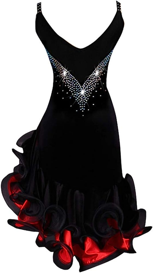 Latin Salsa Rumba Samba Dance Sleeveless Diamond-Mounted Dresses Costumes Women Adult