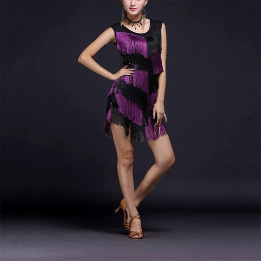 Tassel Dress Fringe Latin Ballroom Dress Secondary Color Dance Skirt Competition Dresses Latin Tango Dress (Color : Purple, Size : L Code)