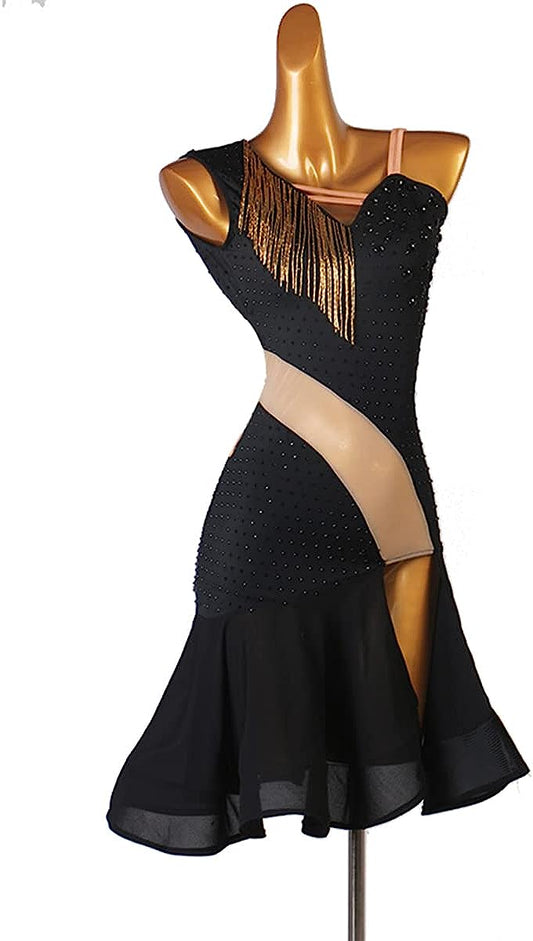 Women's Ballroom Sexy Latin Tango Salsa Dance Skirt Sling V-Neck Fringe Split Leg Black Latin Competition Dress