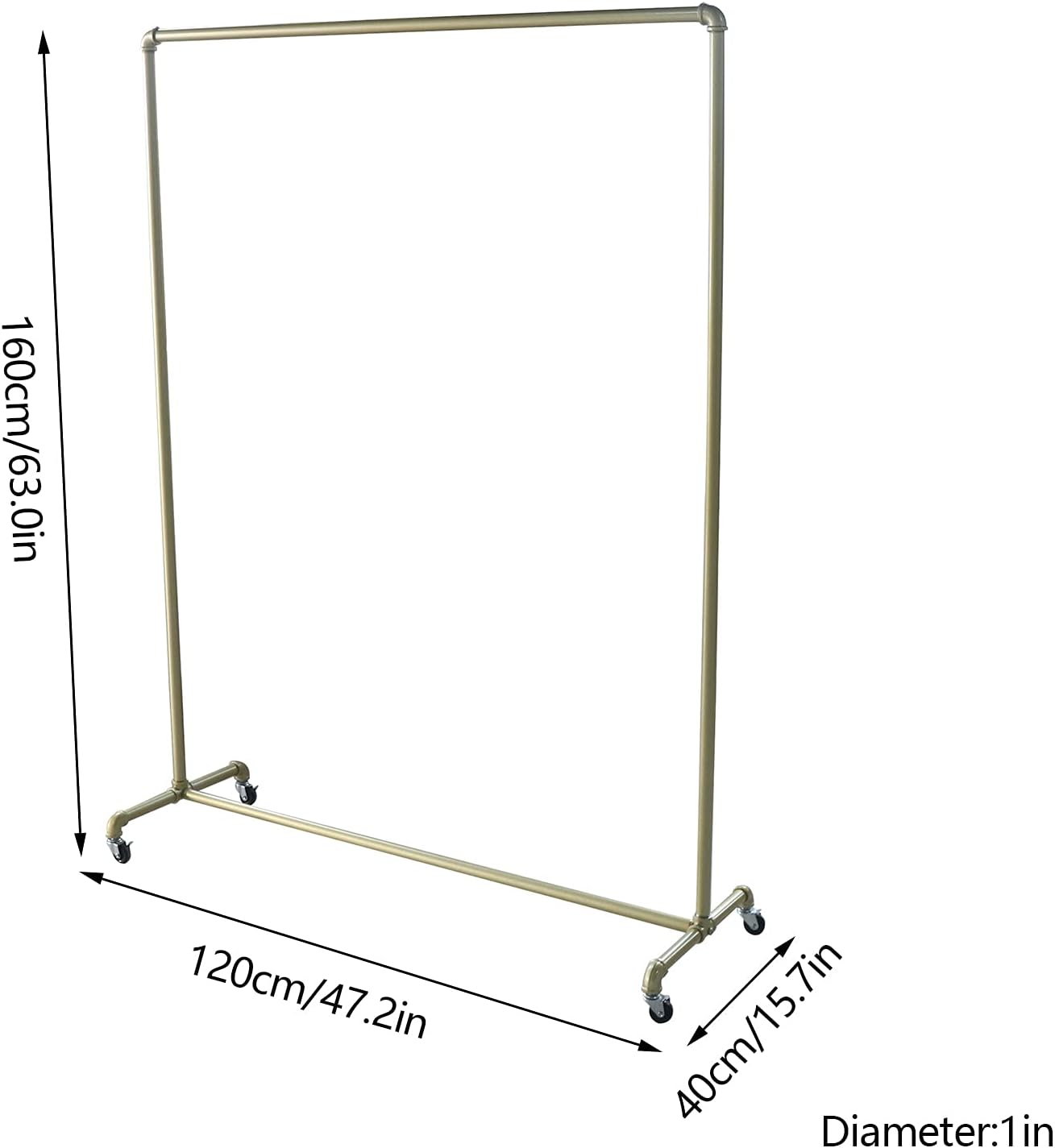 Gold 47.2 Inch Industrial Pipe Clothing Rack 12lbs Vintage Heavy Duty Clothes Rail Metal Garment Rack Steampunk Hanging Display Stand with Wheels