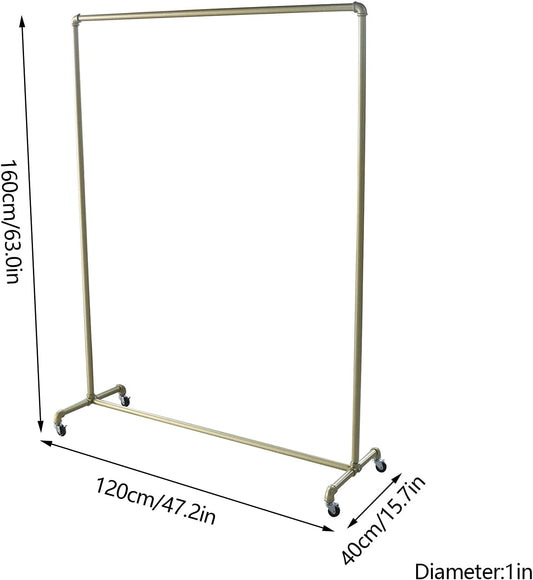 Gold 47.2 Inch Industrial Pipe Clothing Rack 12lbs Vintage Heavy Duty Clothes Rail Metal Garment Rack Steampunk Hanging Display Stand with Wheels