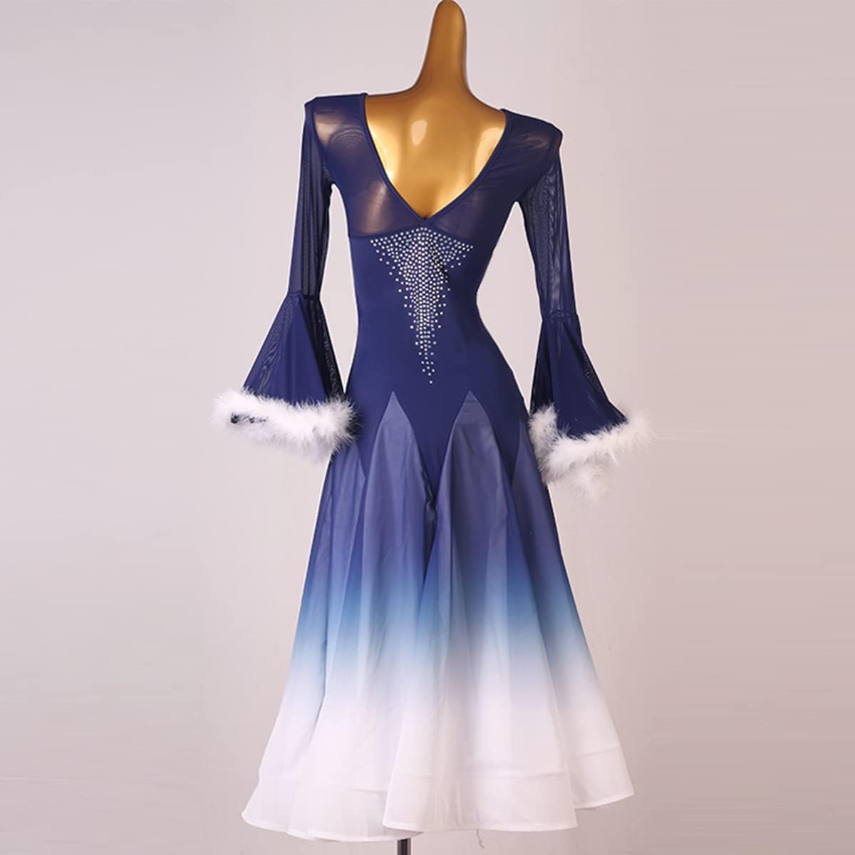 National Standard Dance Dress Competition Costumes Women's Modern Waltz Dress Blue Feather Sleeves Ballroom Dresses
