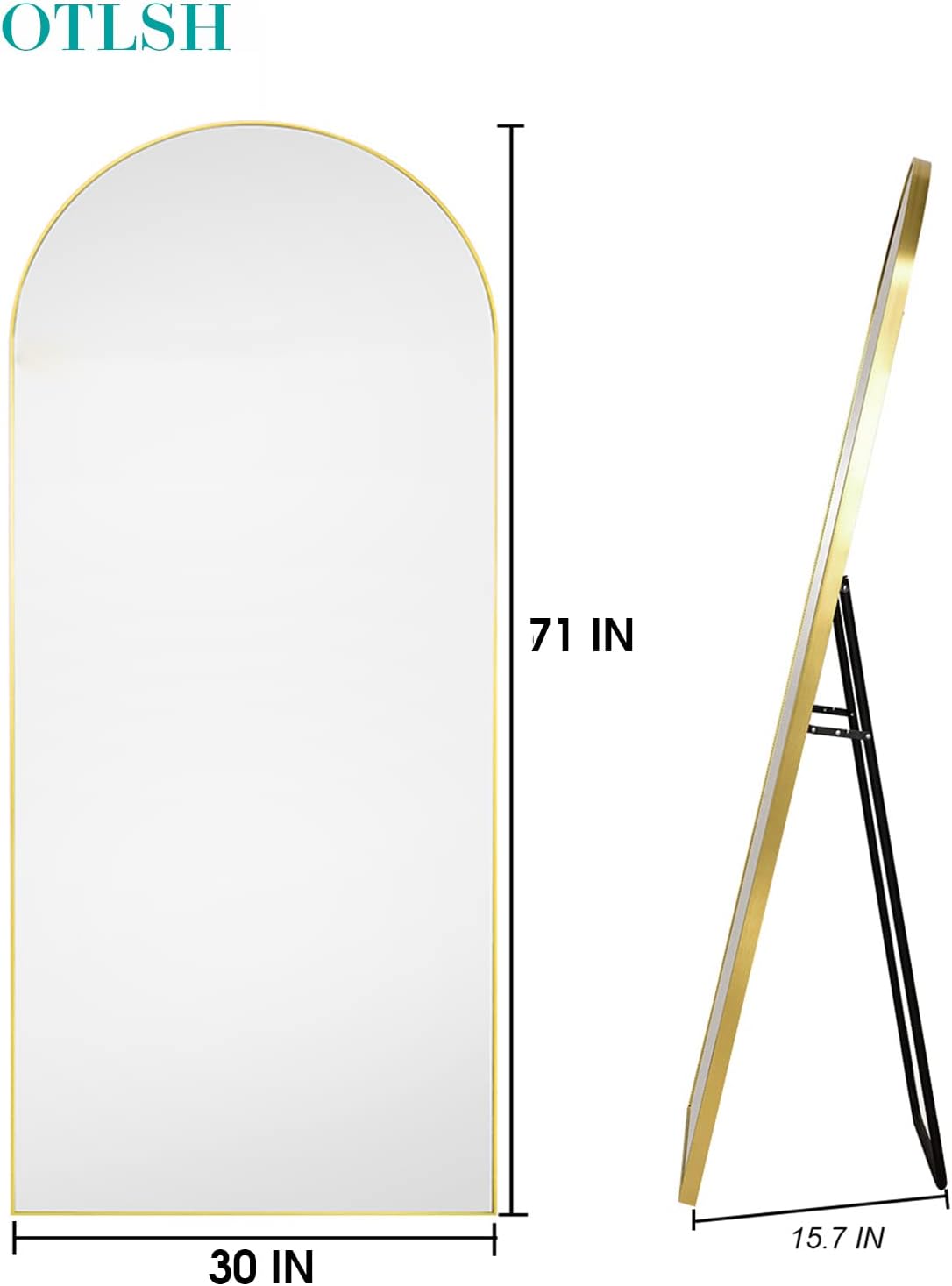 Floor Mirror, Arched Full Length Mirror with Stand, Standing Mirror, Full Body Mirror, 71"×30" Large Mirror, Wall Mirror, Freestanding, Wall Mounted, Aluminum Frame - Gold