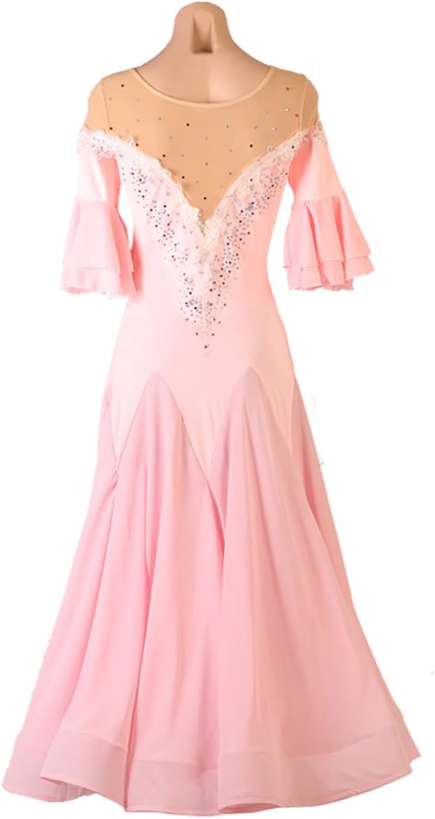 Women's National Standard Dance Dress Modern Waltz Dress Short Sleeve Ballroom Dresses Pink Competition Costumes